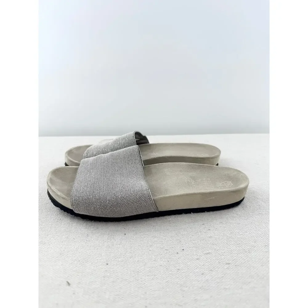 Brunello Cucinelli Anatomical Suede Embellished Slides Sandals Silver Tan EU 40